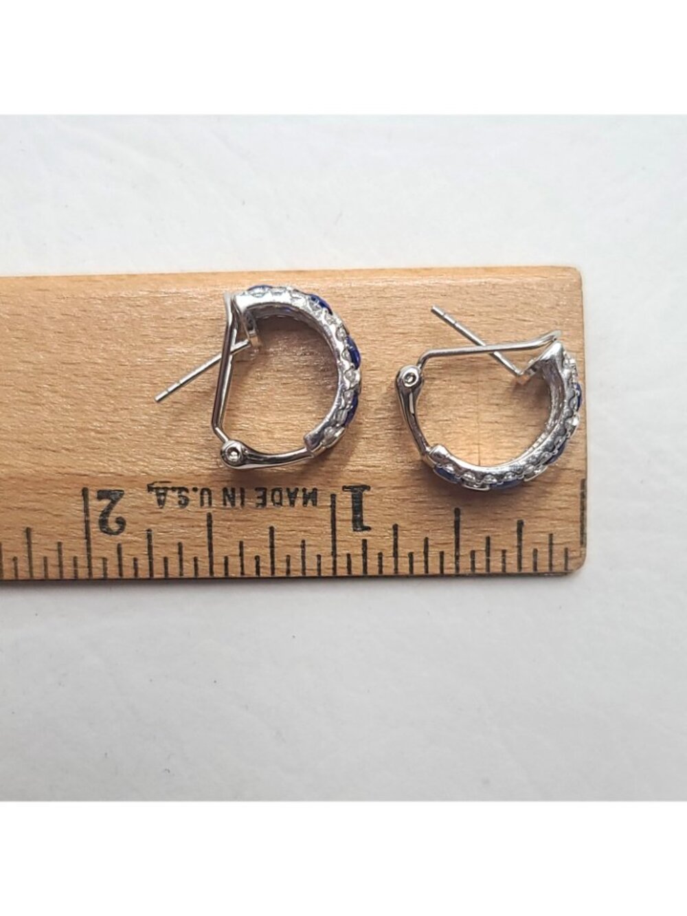 Sterling Silver Blue & Clear stone  Huggie Hoop Earrings S 925 Pierced 7.55g - Picture 8 of 9